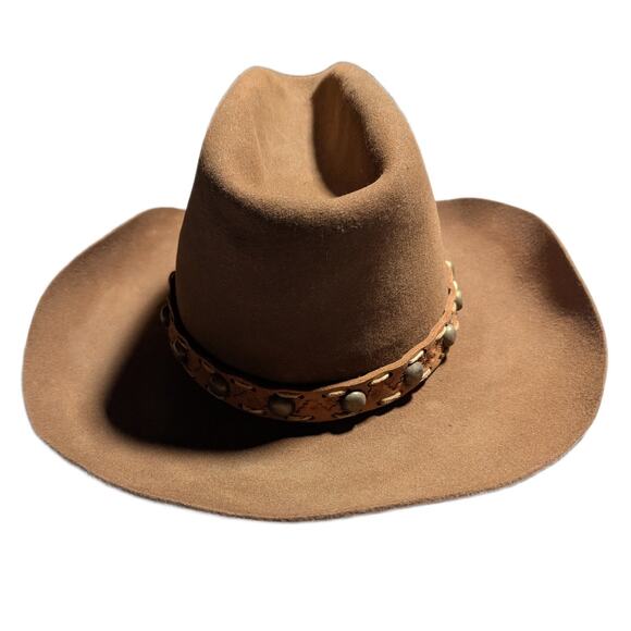 Vtg 1970s Keyston DeLuxe Brown Wool Studded Tooled Leather Band Western Hat OS - Picture 3 of 9